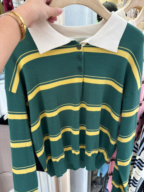 Knitted Collar Down Stripes Sweaters